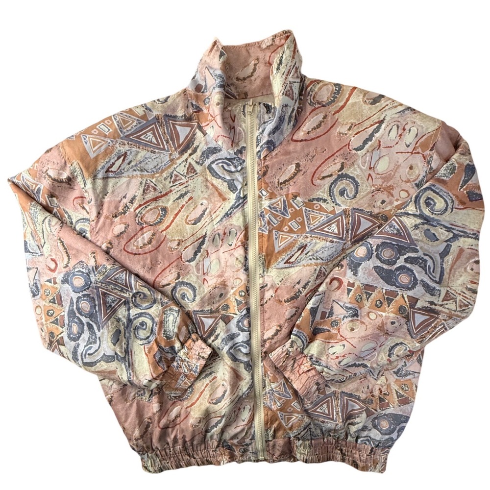 VTG Bogari 100% Silk Bomber Jacket Abstract Geo Print Earth LG 80s 90s Luxury